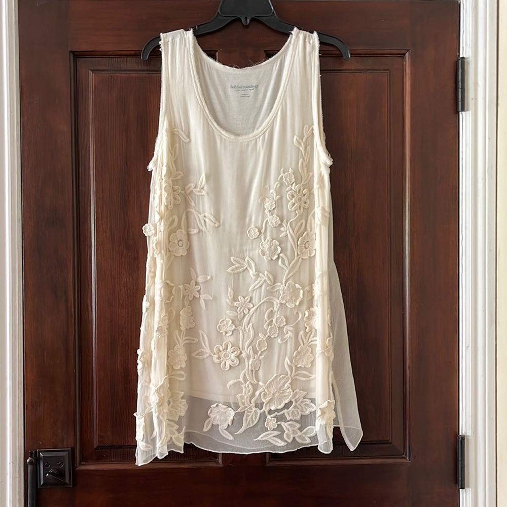 Soft Surroundings Silk Cream Tank Dress w/Floral Embroidery (Lined) Size Medium